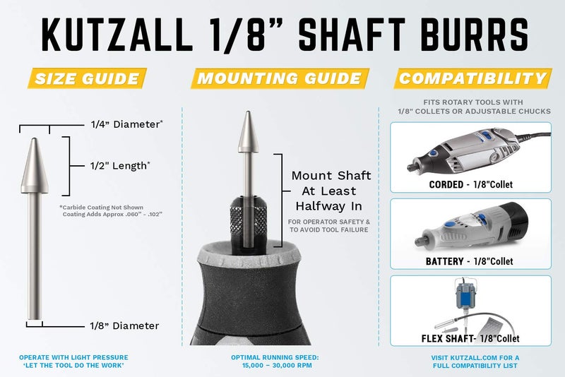 Kutzall Original Taper Rotary Burr, 1â„8" Shaft, Coarse - Wood Carving Bit for Dremel, Foredom, DeWalt, Milwaukee. Abrasive Tungsten Carbide, 1â„4" (6.3mm) Head Dia. X 1â„2" (12.7mm) Length, T-14-E - Image 2